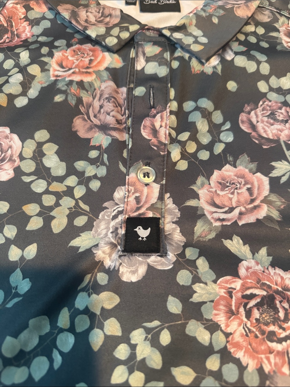 Bad Birdie Black Floral Polo with Pink and White Roses - Picture 2 of 3